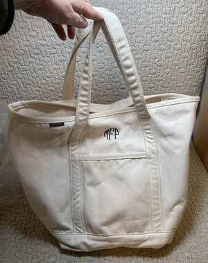 Lands End Large White Canvas Tote Bag MFP Initials EUC Boat Beach Travel Pockets